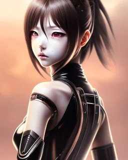 Detailed cute anime Kunoichi girl, brown hair and gree black latex bodysuit, intricate details, full body portrait, keep head in frame, slight smile, black Japanese motif, concept art, highly detailed, digital painting, concept art, sharp focus, illustration, art by Yoji Shinkawa, WLOP and greg rutkowski and alphonse mucha and artgerm and yanjun Chen and Junji ito and Makoto Shinkai, HDR, octane render.