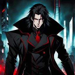 tall mysterious male vampire, red eyes, shoulder length hair, cyberpunk background, dark and intriguing, confident, intense, handsome, anime style, retroanime style