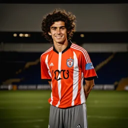 85mm DSLR color photography of a very detailed headshot fitting all of head and hair in frame. 19-year-old Argentine soccer player, and with no facial hair and has no facial hair, has short and black hair with a small smile, grey background