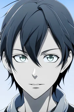 anime male with black hair and gray silver eyes