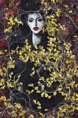 abstract creation of a beautiful woman with black curly hair, surrounded by black roses, thick metal chain broken, glass petals on the ground, autumn colours,dried out thorn bush, chaos,