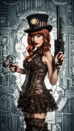 Full Body Photo Of A Steampunk Burlesque Woman With Straight Hair And A Fringe Hairstyle, Holding A Laser Gun, Sci-Fi Steampunk Background