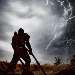 doom scenary. Heavy rain. Epic Lighting in the sky. Knight with masonic scroll. Falling meteorite from the sky. Meteorite burning in the distance. Dark mud.