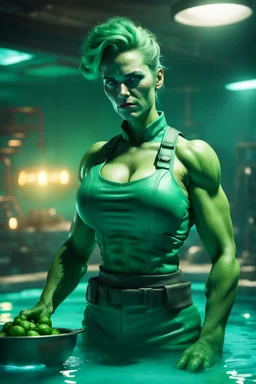 portrait of green muscular super mutant woman cook in uniform in cyan pool in fallout 4 setting, bokeh, downlight, prize winning, depth of field, in the style of ivo caprino, backlight, aura