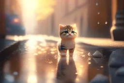 cute happy chibi cat standing on a wet cobblestone road in sunshine, ethereal, cinematic postprocessing, bokeh, dof