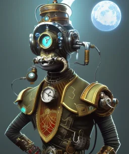 evil mechanical person with a steampunk theme, realistic