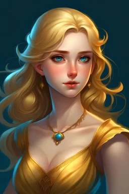 A girl with golden hair, blue eyes, a slightly swollen chest, and a graceful body