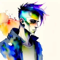 Male cypebpunk character connected to AI exploring other AI - Watercolour and Watercolour Painted Style - Jenny Rainey Style