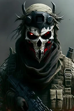 A soldier in the game modern warfare, he wears a skull mask with horns that covers his eyes. The lower half of his face is covered by a mask with a bloody fanged grin. He is a sniper, but can also run point. His call sign is Wraith. Couple