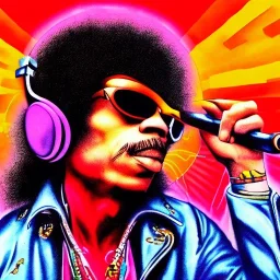 a realistic picture of Jimi Hendrix at a turntable with headphones on being a DJ, vivid color, with sunglasses, psychedelic trippy art