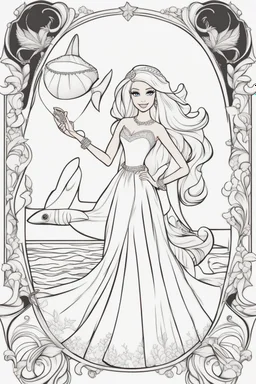 outline art for kids barbie coloring pages with a mermaid, no background, sketch style, full body, only use outline, mandala style, clean line art, white background, no shadows and clear and well outlined. should look exactly like barbie