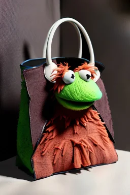 Fashion bag made with muppet fabric, Sesame Street style, fashion photo studio, unreal engine 5, ray tracing, RTX, lumen lighting, ultra detail, volumetric lighting, 3d.