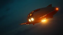 a high definition screen shot of a jet-fighter vw-beetle, blimp retrofuturistic, phototrealism, in flight, one subject,
