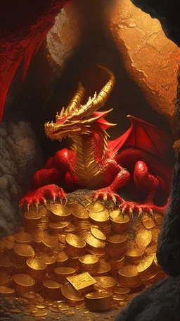 red dragon sitting in piles of gold, cave background