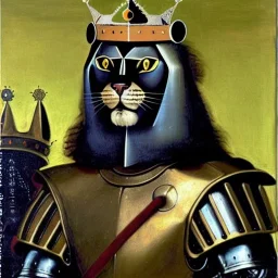 oil painting of a beautiful symmetrical cat with armor,wearing crown, Riding a black Lion, XV century, by El Bosco, Leonardo da Vinci, Goya 8k