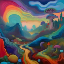 A painting of a trippy landscape