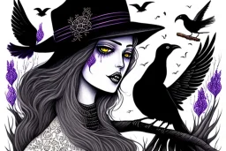 Witch, playing with crows, black cat, perfect iris, ink and pencil, style Elisabeth Kreitz