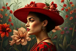 A bold and emotional portrait of a woman in profile wearing a wide red hat, in Frida Kahlo’s deeply symbolic and vibrant style. Surreal botanical background, intense expression, dramatic eyebrows, vivid reds, greens, and earth tones. Feminine strength and mystery. --v 7 --ar 2:3 --style raw --hd --q 2 --uplight --chaos 12
