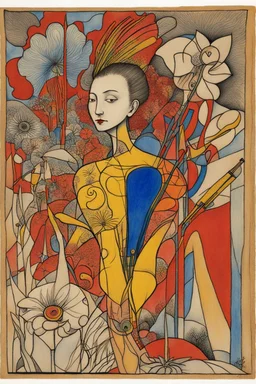 Schiță în creion de Jean Cocteau reprezentand o imagine pe temanatura statica cu flori , cu culori primare tari, fantezie de înaltă definiție calitate clară, stiluri de Utagawa Hiroshige, Paul Klee Dee Nickerson și Tim Burton, acuarelă topită și contururi de cerneală neagră pe hârtie umedă, linii moi, umbrite