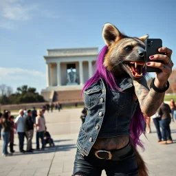 SCUZZPUNK AESTHETIC: FILTH, GRIME, STINK... SCUZZ. And a DEVIL-MAY-CARE FLIRTATIOUS SASSY IRREVERENCE. Denim vest, purple hair, anthropomorphic curvy, bottom-heavy she-hyena posing for a selfie outside the lincoln monument