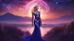 Full body portrait of a peaceful ((smiling)) gorgeous blonde Goddess of the galaxies with a blue indigo purple skin, high skul, luminous eyes in a galactic sunset