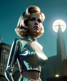Ultra Realistic retro sci-fi movie San Francisco scene, 1960 year, waist up view portrait, a super giant blonde woman, sweet teenager Jane Fonda face, perfect iris, glow eyes, face makeup, tight latex coat, many people, Retro sci-fi style, soft color, highly detailed, unreal engine 5, ray tracing, RTX, lumen lighting, ultra detail, volumetric lighting, 3d, finely drawn, high definition, high resolution.