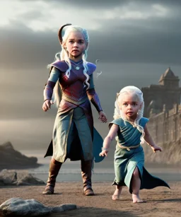 Daenerys Targaryen toddler, dragon, full body, dramatic lighting, angry, hyper realistic,