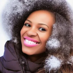 Futuristic portrait of a black woman with realistic facial features, perfect smile, and brown coily hair in winter wonderland