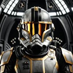 star wars bald male corellian pilot wearing gunmetal grey and black First Order special forces TIE pilot armored flightsuit and helmet with gold trim inside the jedi temple, centered head and shoulders portrait, hyperdetailed, dynamic lighting, hyperdetailed background, 8k resolution, volumetric lighting, light skin, fully symmetric details