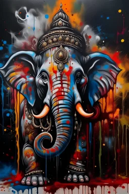 a very beautiful artwork of lord vinayaka with dripping paint strokes, unsettling quality