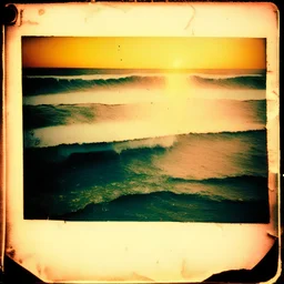 Photographic, Sea, soft waves, polaroid with damaged border, 1968, sunset, scotch tape on the border, scribblings, Coffee stain