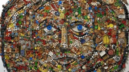 A mosaic artwork made up of unexpected objects, such as candy wrappers, bottle caps, and buttons. Highly detailed and intricate, with a mix of realistic and abstract elements. By artist Vik Muniz.