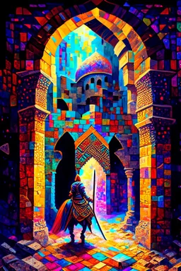 A huge colorful arabian mosaic dungeon being explored by a solitary heroic knight painterly fantasy art