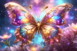 fantasy pretty, huge Prismatic butterfly with iridescant body and gold light rib, sitting on a cristal flower, nebula trending on art station. unreal engine