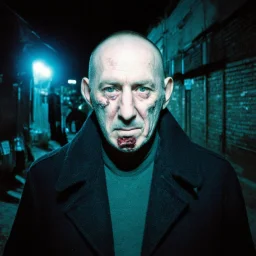 very grainy discolored photo, portrait, dark night street, grunge, 2000s Russia, punk, outcast, rough, confident, bald older male wearing a coat, extremely pale skin, flesh bulbs grow out of his face, face is disproportionally deformed, hunchback, sewer dweller
