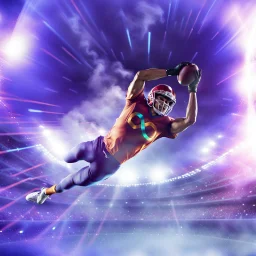 colourful rounded infinity symbol ∞ on shirt, American football player diving with an American football in both hands to score a touch down, striking, vibrant, chiaroscuro, dramatic, captivating, powerful, beautiful, octane render, 16k post-production, artstation: award-winning: atmospheric: commanding: fantastical: clarity: ultra quality: striking: brilliance: stunning colors: amazing depth; lens: f/11, 35mm