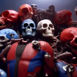 a picture of a dark, comedic, anatomically correct wall of red white and blue tightly packed stacked cyborg skulls of varying sizes and expressions, photo realistic, insanely meticulous, highly detailed, part of a collection of bones on display, 64k, dystopian, vray