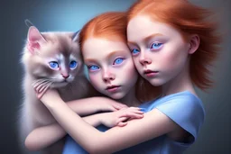 young red haired child with blue eyes lovingly cradles a regal blue eyed Siamese kitten in her arms, the two of them exuding an air of peace and grace. Modifiers: Award winning photography fantasy oil on canvas photorealistic very attractive dynamic lighting fantastic view ultra detailed cinematic postprocessing VRay neon Iridescent aesthetically perfect facial features Tesselated