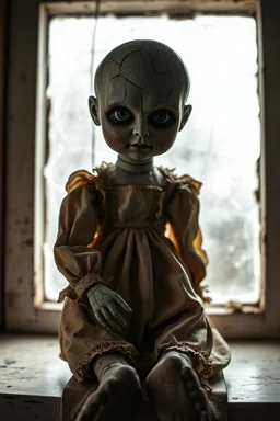 looking at the camera a high realistic porcelain puppet doll, old, dirty with old dress, sitting on shelf, in background blur cracked window. The figure has cracked face and head, and piercing big black eyes. High contrast, cinematic, thriller, dark, atmospheric. Surreal style , perfect composition, sharp focus, intricate details, gloomy vibe
