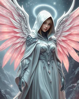 stunningly realistic fantasy artwork of a celestial cyborg angel, her white hooded cloak embroidered with delicate shimmering patterns and sparkling diamonds that catch the light. she is spectacular. Her face is exteremly beautiful and divine, outterwordly. Her robotic, giant shimmering wings ( very majestij giant enormous wings) are sleek cyborg and futuristic, spectacular. Her ling glawless straight hair decorated with shining stones.She is standing on a spectacular etheral path in dpace co