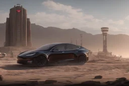 A Tesla 'Model Y' is parked, in the 'Cloud City' of Bespin. CINEMATIC. WIDE ANGLE LENS. PHOTO REAL.
