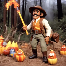 [1960’s stop-motion animation style of savage revenge] a 70s advertisement video TV featuring Demonstrating Clueless Rambo wannabe hunting for candy corn; as a claymation character toy from a claymation horror movie in burning rainbow land, from hell, creepy Videos, strange creatures everywhere , as old advertisement shot on video VHS