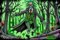 Beetlejuice style in color in the graveyard dancing