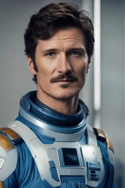 The actor Pedro Pascal without beard or mustache and wearing a blue sci-fi space uniform