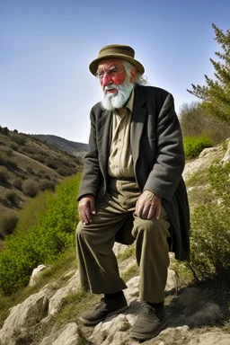 Blind old man on a hillside in Greece