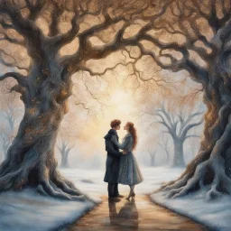 alcholic ink details of a young couple kissing centered under an impressive, frosted remarkable old oak tree, In a beautiful winter landscape , flowy swirls, golden lines, 3D, alcohol ink effects, sprinkle glitter, pearls, beads.very detailed, in the style of atmospheric tonalism. Elegant, intricate, 4k, a gravelled forest path leads through the countryside surrounded by snow-dusted ferns, mosses and tendrils. oi