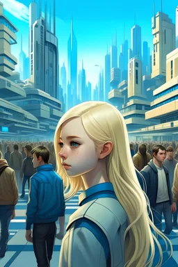 Future city, people in the back that are blonde, in the front a girl with blonde hair and blue eyes. Everything looks seamless