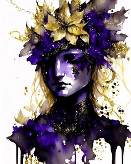 Golden leafing beautiful blond andblack and very deep purple petunia stargazer covered woman portrait voidcore shamanism ink watercolour art headdressed fascinator black rain petunia portrait art ink art portrait liquid splashed ink black floral dress costume armour adorned with rococo very black petunia floral palimpsest watercolouring art diadem raindropped petunia blond woman headdresed venetian palimpsest rococo carnival style and textured mineral stone palimspest ink art and armour dress on