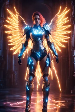 Photography realistic neon lightning around, epic scene of the beautiful woman Angel cyborg armor ,full body, lightning, sharp focus, fantasy, concept art, dynamic lighting, epic composition