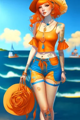 Full body of beautiful girl nami, Hair Color: Orange, Style: Wavy, Outfit Top: Blue, Outfit Bottom: Orange, Shoes: Brown, Accessories: Tangerine, Weapon: Clima-Tact, Hat: Straw, Tattoo: Pinwheel, Earrings: Hoops, sophisticated,, beautiful woman, hyper realistic, hyperrealism, photoreal, realistic, photorealistic, soft pastels, full-body, standing, long shot, wide angle, aesthetic